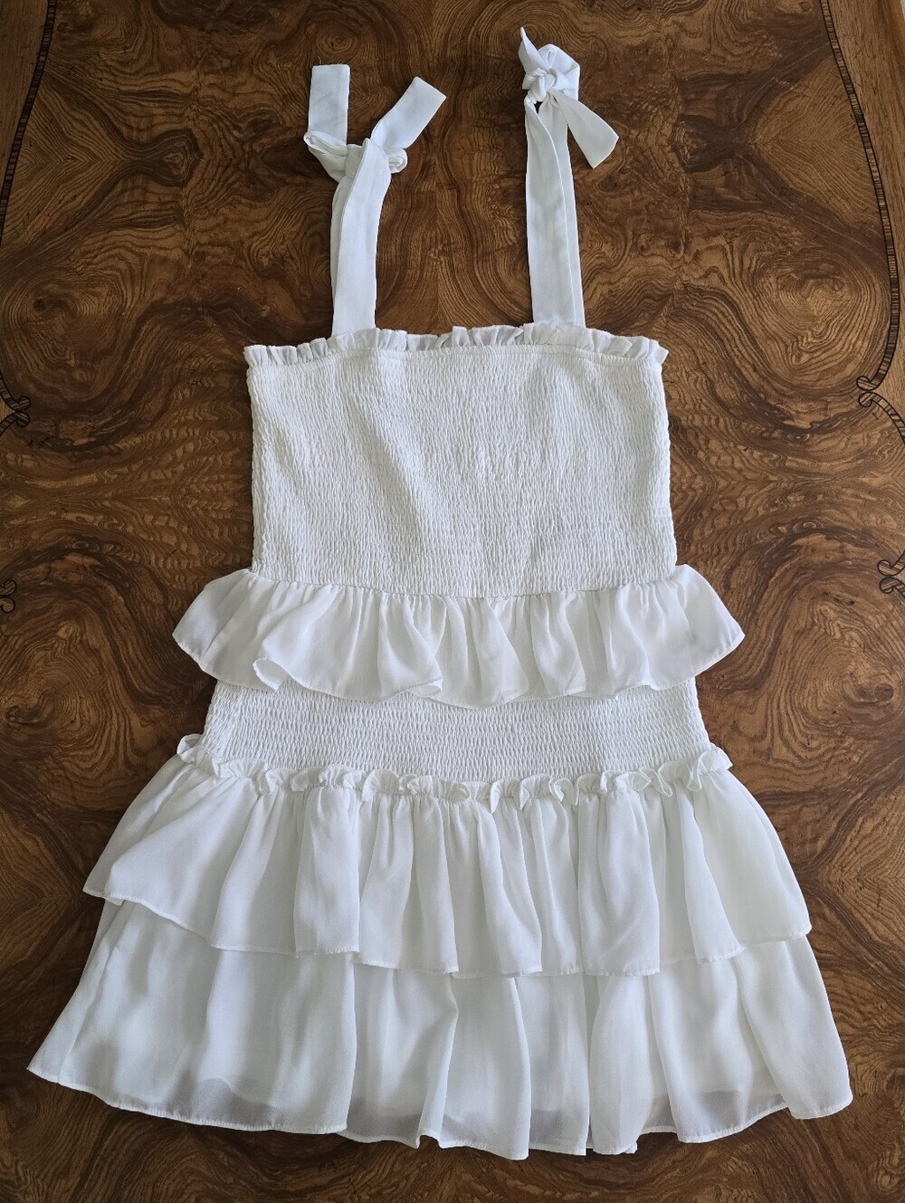 TCEC White Smocked Tiered Ruffle Mini Dress Womens Size L Coquette Cottagecore